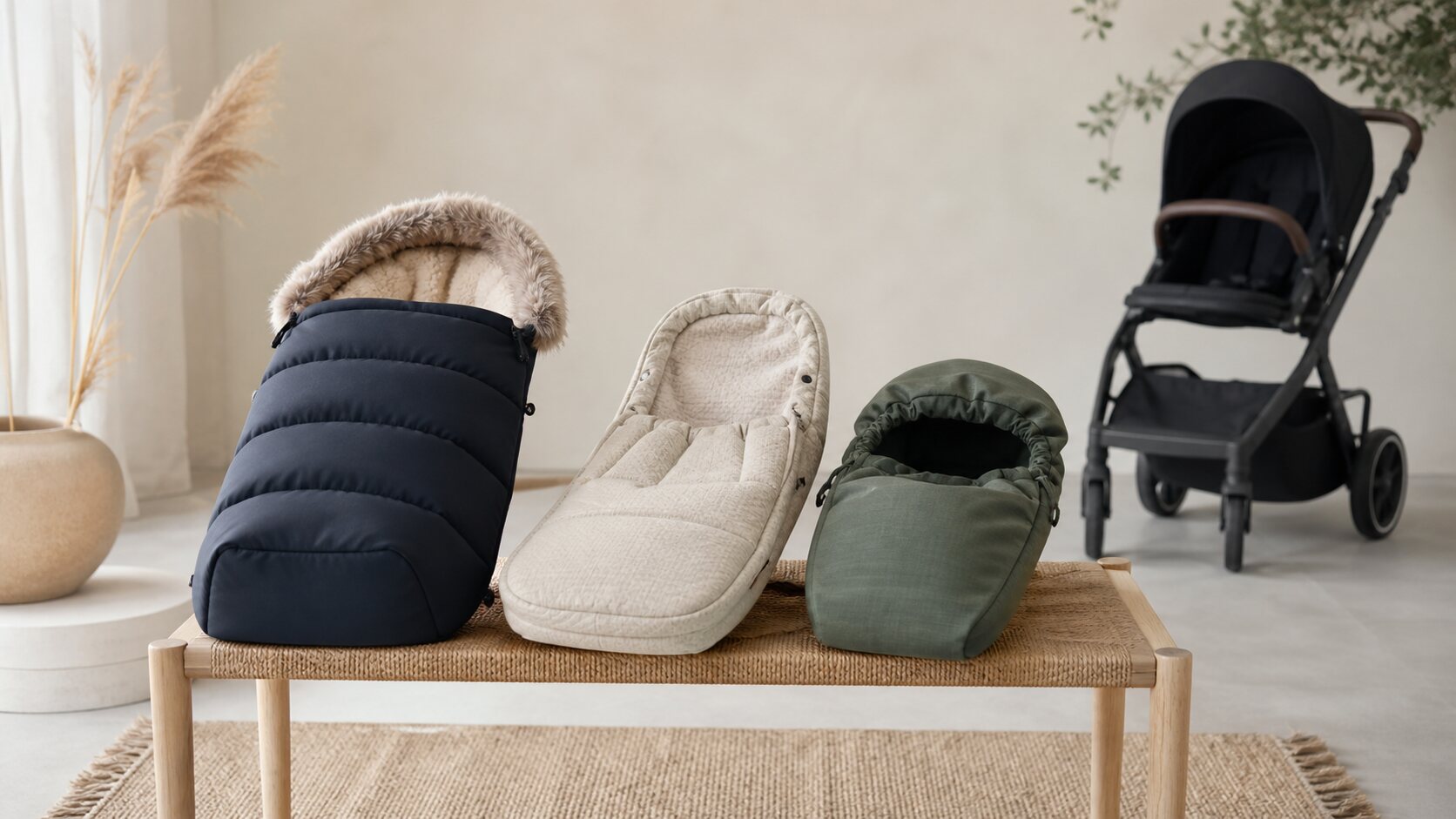 Tre køreposer i mørkeblå, beige og grøn på en træbænk med en sort klapvogn i baggrunden
